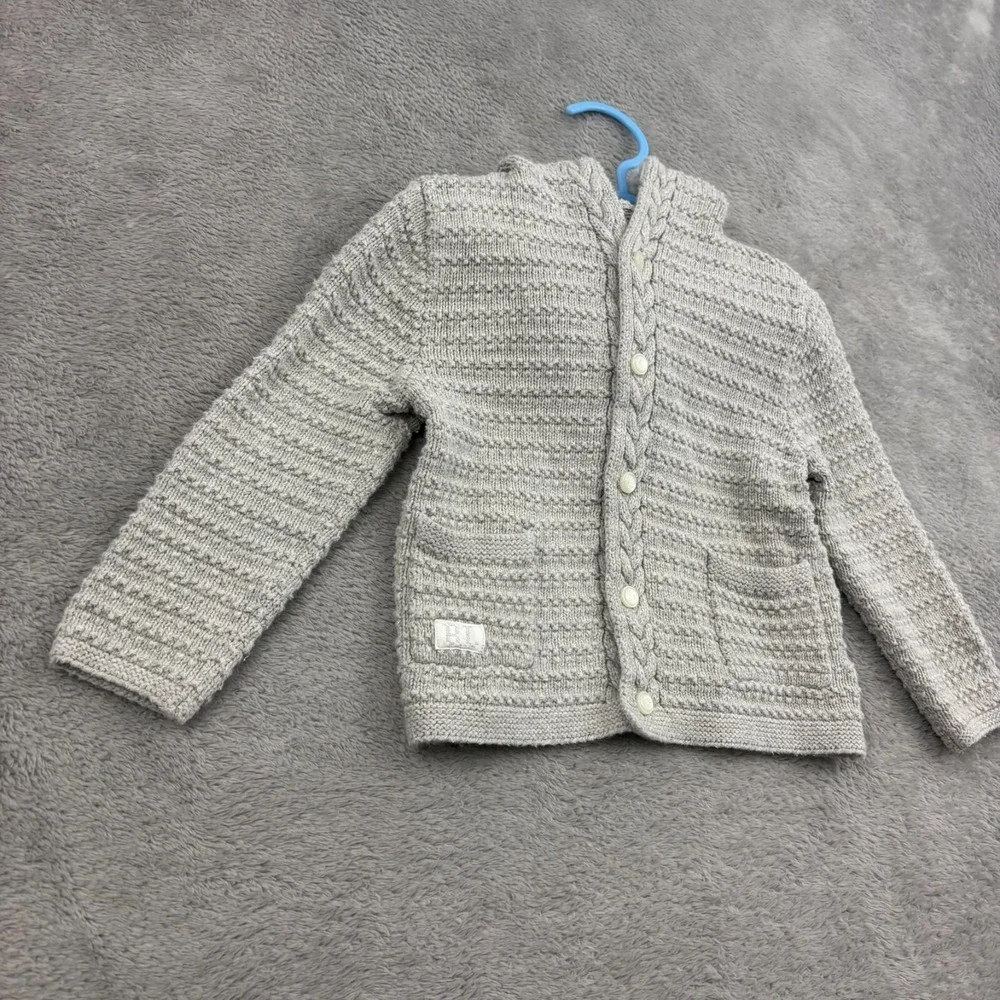 Ralph Lauren Bear Ear Hooded Cardigan Sweater Unisex 18M Baby‎ Gray Cotton Logo